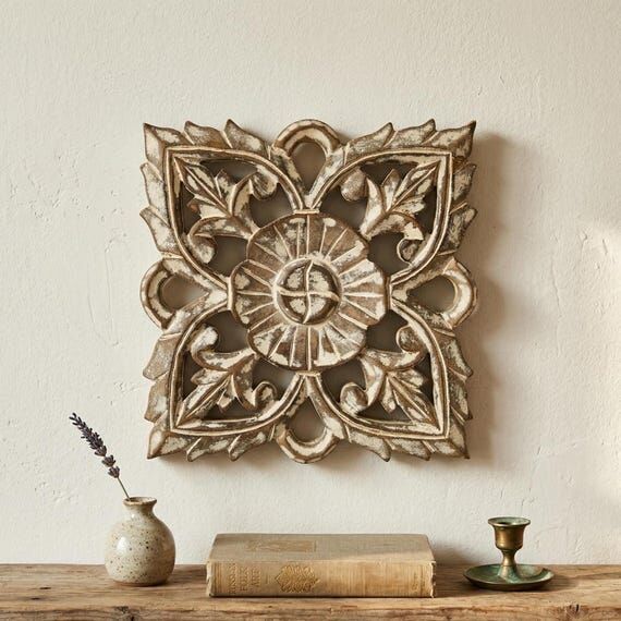 Antique Hand Carved Wooden Wall Panel - Rusti...