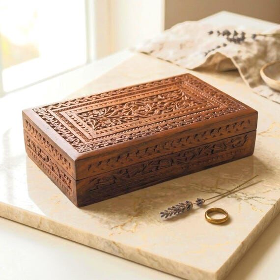 Hand Carved Wooden Jewelry Box | Vintage Flor...