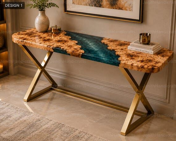 Handmade Teal Resin River Console Table, Natu...