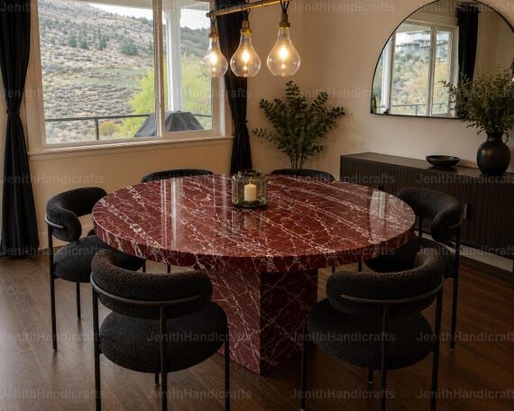 Luxury Red Marble Dining Table, Round Natural...
