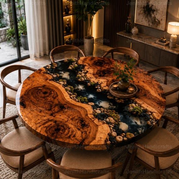 Round Burl Wood & Black Epoxy Resin Dining Ta...