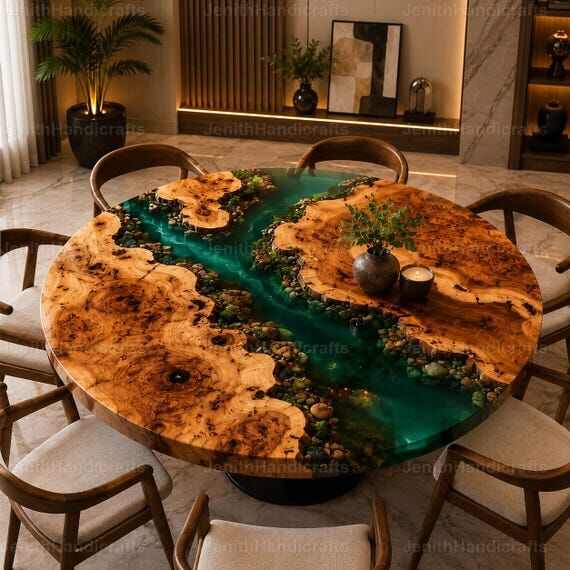 Round Emerald Green Epoxy Resin Dining Table ...