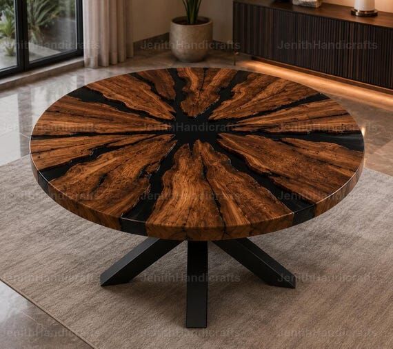 Round Black Resin Wood Dining Table | Natural...