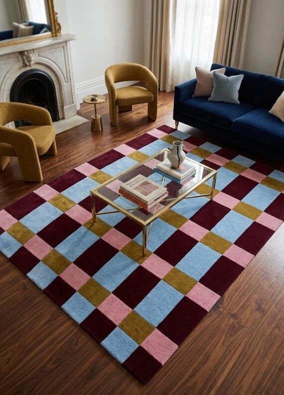 Hand-Tufted Wool Checkerboard Plaid Rug, Jewe...