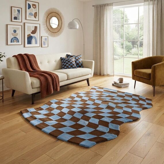 Wavy Checkerboard Wool Rug, Blue Brown Retro ...