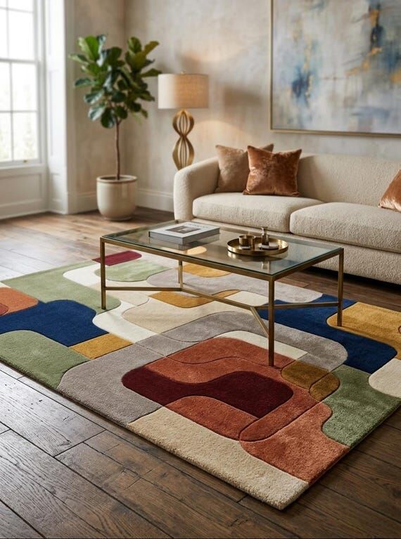 Hand Tufted Wool Rug Abstract Organic Colorbl...