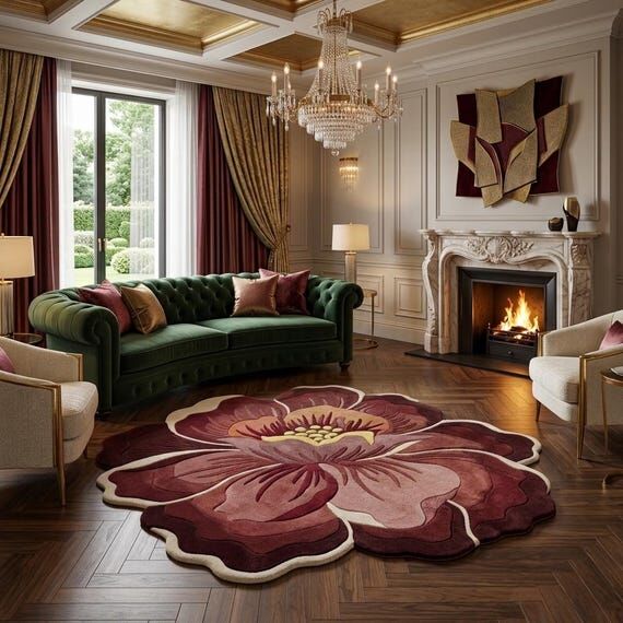 Burgundy Peony Flower Shaped Rug | Hand Tufte...