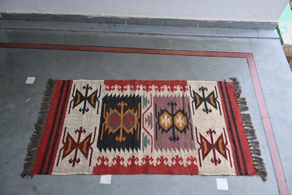 Handwoven Wool Jute Kilim Rug, Geometric Boho...