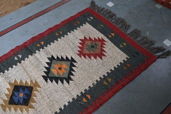 Handwoven Geometric Indian Kilim | Eco-Friend...