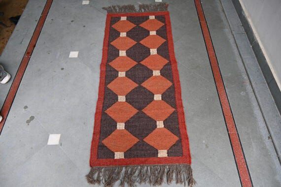 Handwoven Wool Jute Kilim Rug, Tribal Geometr...