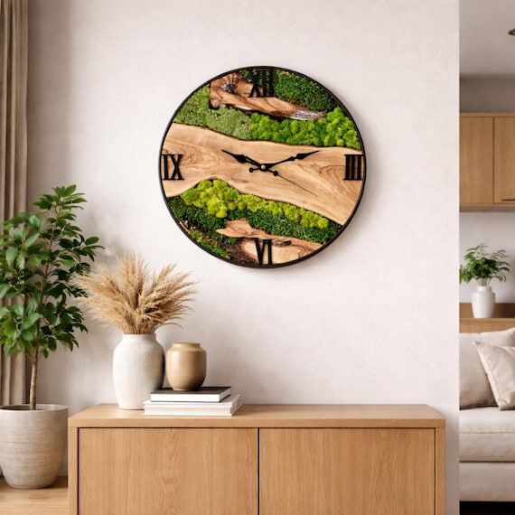 Olive Wood Wall Clock with Preserved Moss & M...