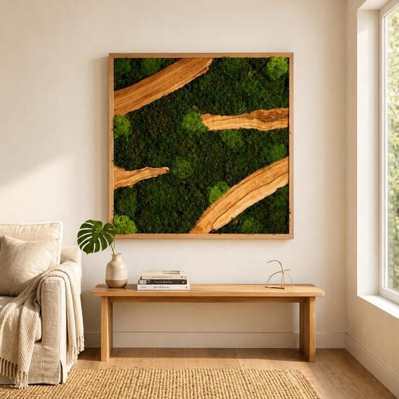 Square Live Moss Panel with Olive Wood Frame,...