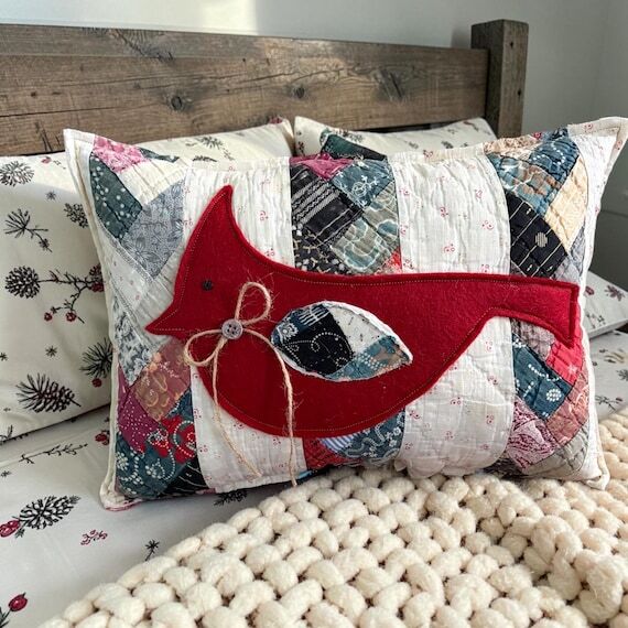 CARDINAL /Vintage Quilt Bolster Pillow...