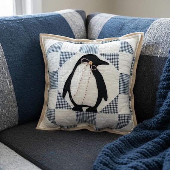 PENGUIN Pillow/Vintage Quilt/Snowball...