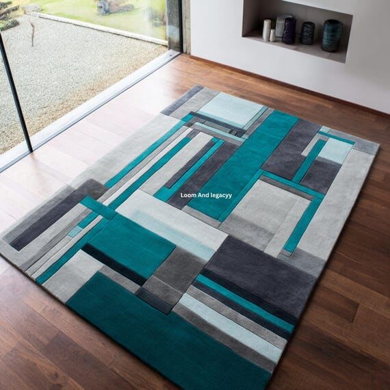 Abstract Geometric Teal Tufted Rug, Wool Area...