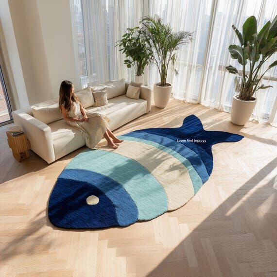 Hand-Tufted Wool Fish Rug – Irregular Shape...