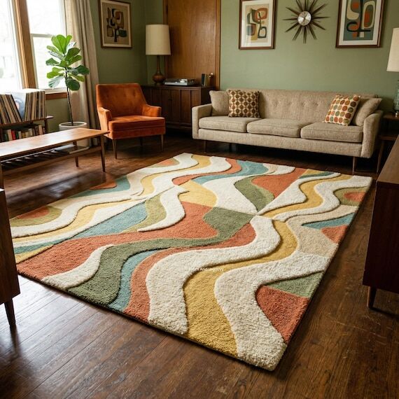 Abstract Wave Geometric Rug, Retro Tufted Are...