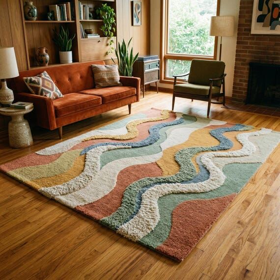 Retro Wave Tufted Rug, Pastel Abstract Area R...
