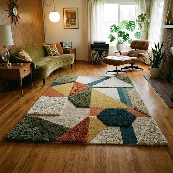 Geometric Tufted Rug, Mid Century Modern Area...