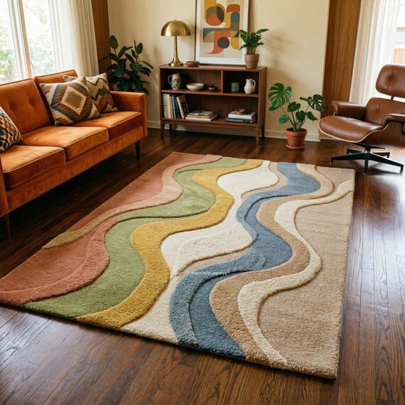 Neutral Abstract Rug, Wave Pattern Tufted Rug...