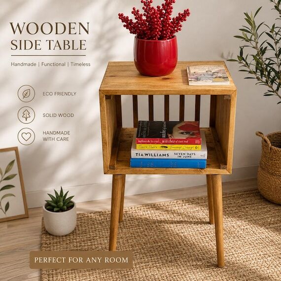 Handmade Wooden Bedside Table Rustic Nightsta...