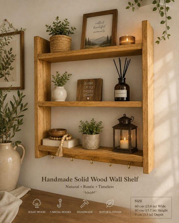 Handmade Wooden Wall Shelf with Hooks, Rustic...