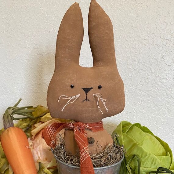 Handmade Primitive Rabbit in Pail, Easter Tie...