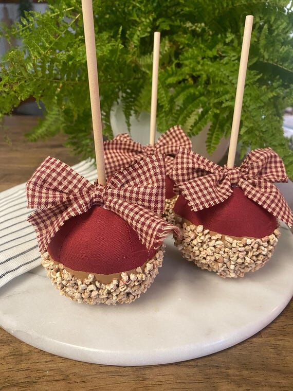 Fabric caramel apples, fall decor, tiered tra...