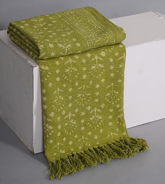 Block Printed Green Throw Blanket - 100% Cott...