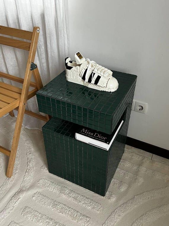 Tiled green table. Table with book shelf. Sid...
