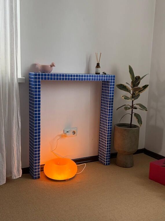 Tiled blue shelf. Modern mosaic console table...