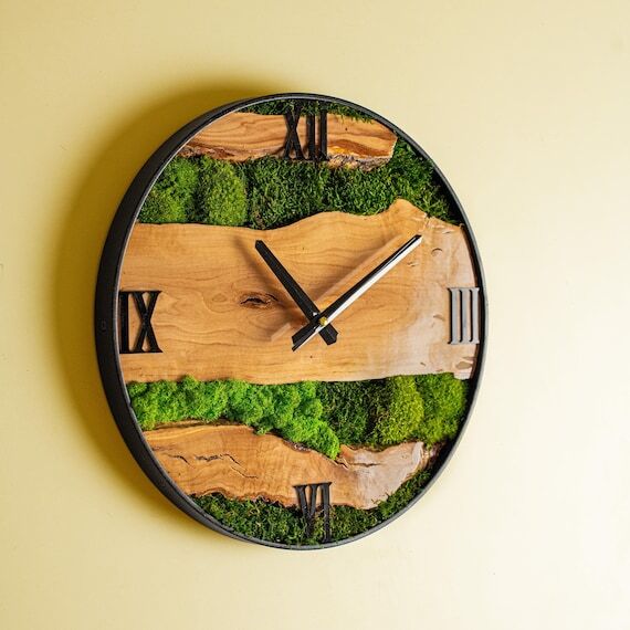 Custom Moss Olive Wood Wall Clock, Moss Clock...