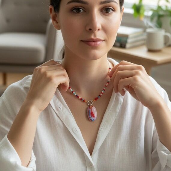Bright Fused Glass Pendant, Beaded Necklace, ...