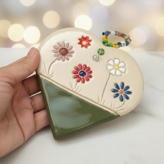 Handmade Ceramic Heart Wall Hanging with Colo...