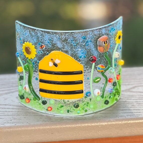 Fused Glass Tea Light: Bees & Flowers Garden ...