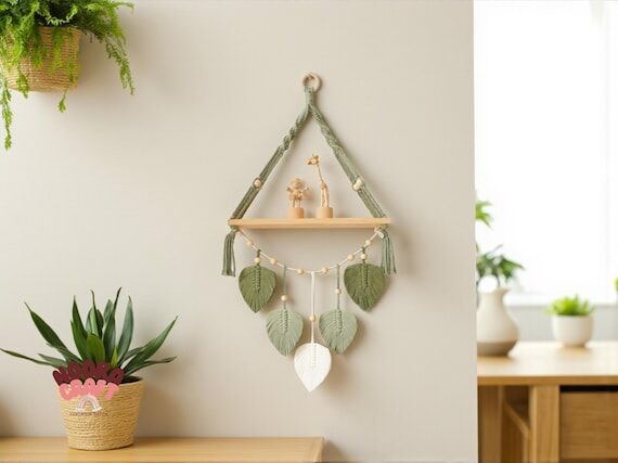 Boho Macrame Wall Shelf | Green Leaf Hanging ...