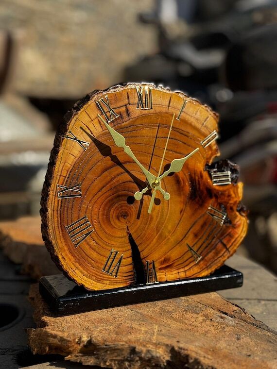 Live Edge Olive Wood Desk Clock, Personalized...