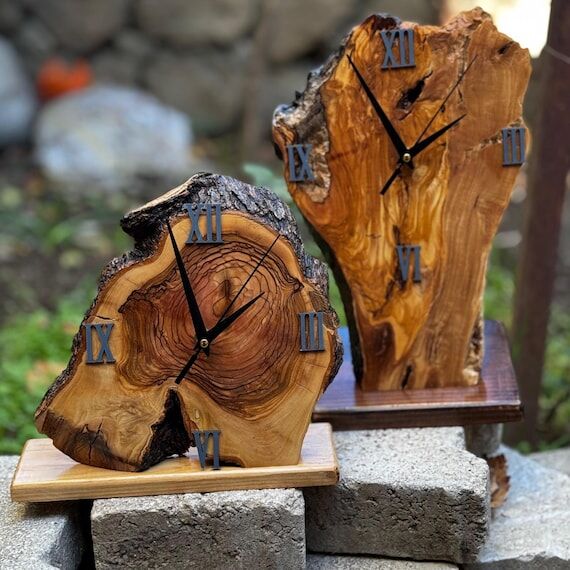 Desk Clock Made of Olive Wood, Handcrafted Ta...