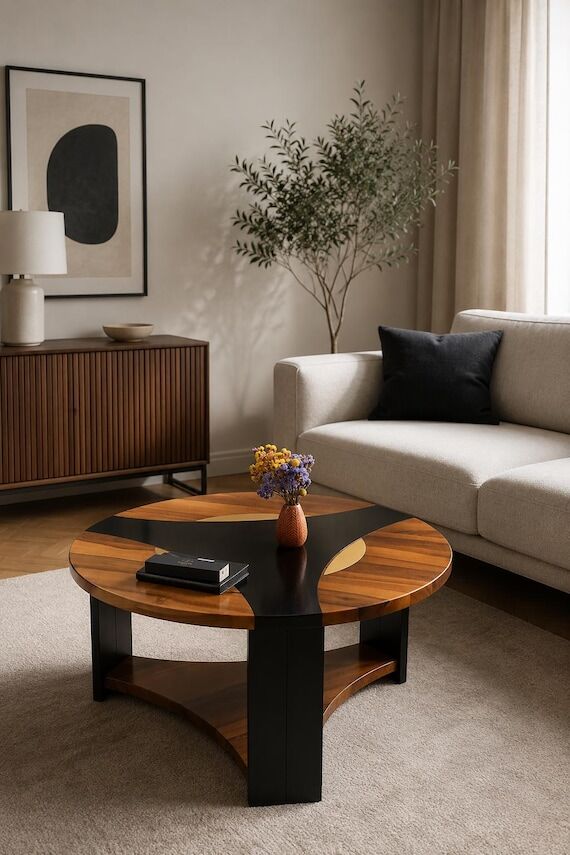 Walnut Epoxy Coffee Table, Round Wood Centerp...