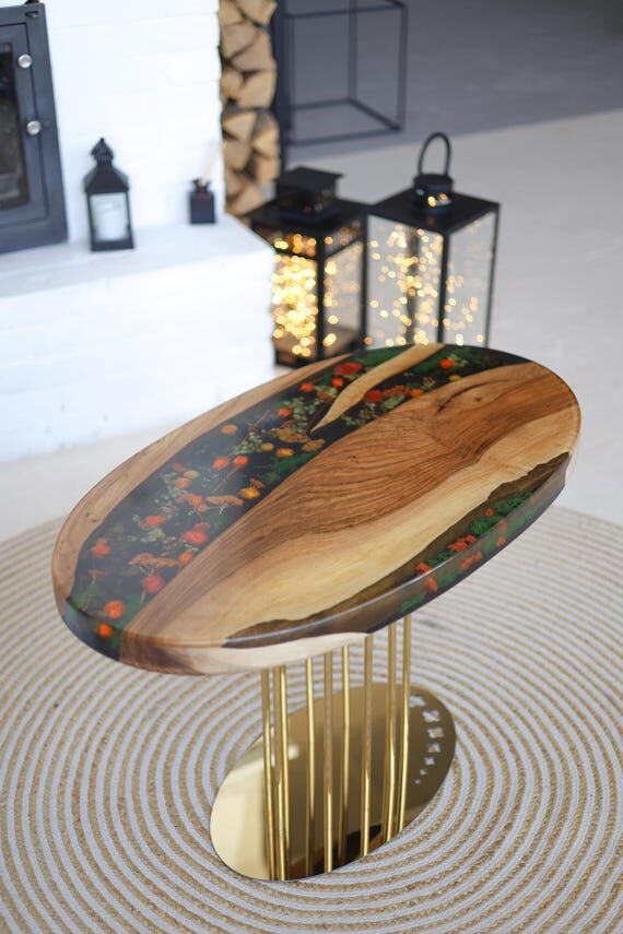 Oval walnut epoxy coffee table with flowers, ...
