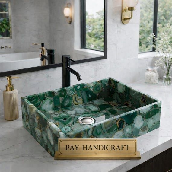 Charismatic Green Agate Vessel Sink, Handmade...