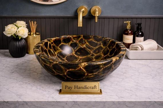 Natural Black Agate Stone Vessel Sink | Luxur...