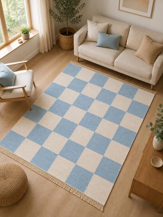 Scandinavian Checkered Kilim Rug | Hand Woven...