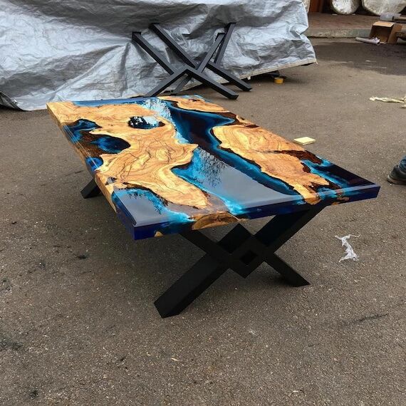 Custom Live Edge Epoxy Dining Table, Blue Riv...