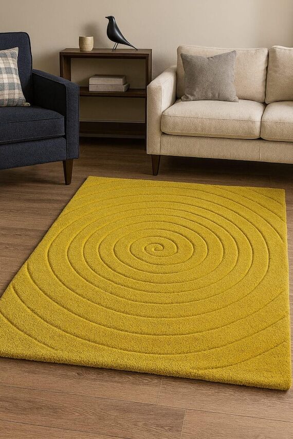 Mustard Yellow Abstract Wool Rug – Hand-Tuf...