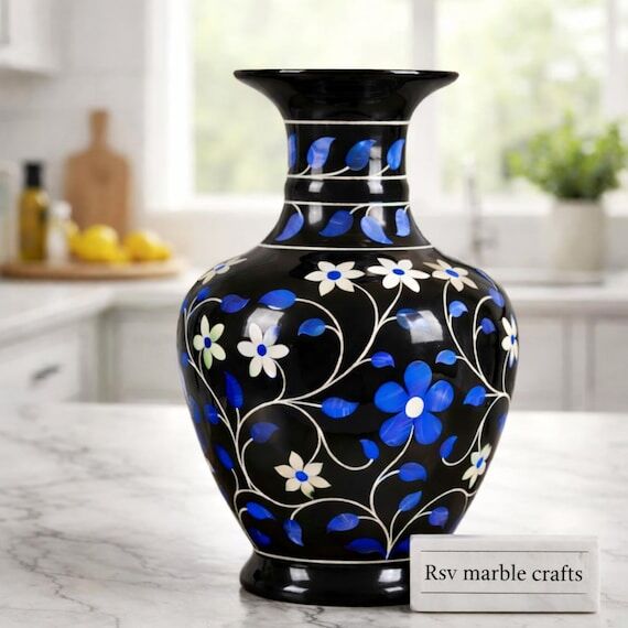 Handmade Black Marble Vase with Malachite Gem...