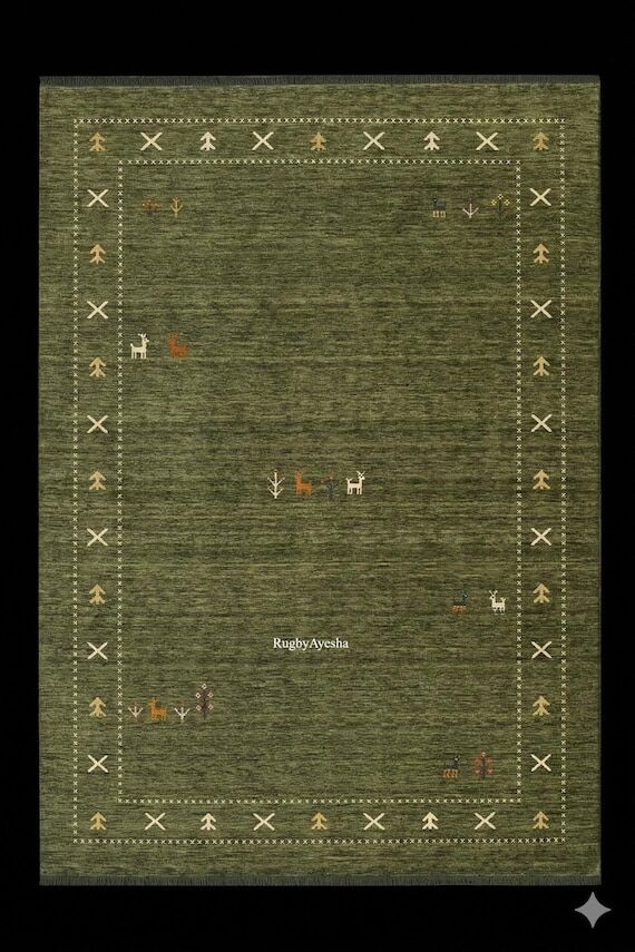 Green Gabbeh Rug, Hand Knotted Wool Tribal Ca...