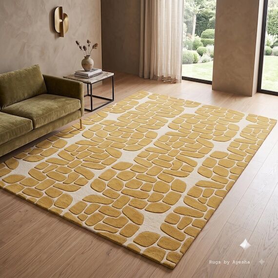 Hand Tufted Wool Rug Mustard Yellow Geometric...