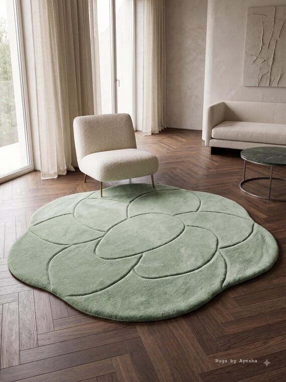 Sage Green Hand Tufted Wool Area Rug Floral P...