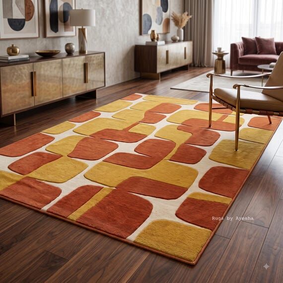 Hand Tufted Wool Rug Mid Century Modern Abstr...